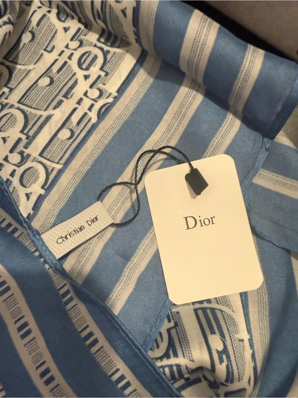 Dior Blue and White Striped Logo Silk Scarf